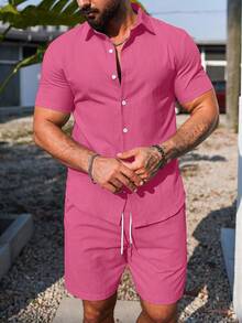 Manfinity Homme Men's Summer Casual Short Sleeve Shirt & Shorts Set - Hot Pink - View 5