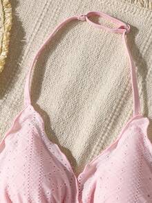 SHEIN Teen Girl 2026 Spring/Summer New Tropical Vacation Solid Pink Textured Halter Ruffled Bow Swimwear, Versatile - Pink - View 4