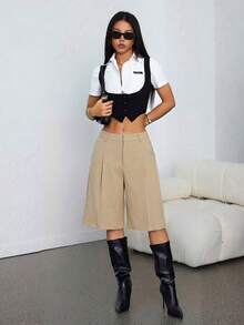 SHEIN PETITE 春季極簡通勤風灰色百慕達短褲，適合女性與嬌小女性 - 卡其色 - 查看 4