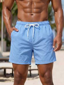 Manfinity KASUA Pantalones cortos de playa para hombre de unicolor con textura y cordón en la cintura, para vacaciones de verano - Azul - Ver 3