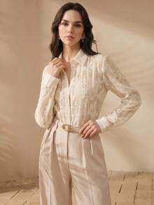 Anewsta Women's Elegant Delicate Embroidered Jacquard Long Sleeve Blouse - Apricot - View 3