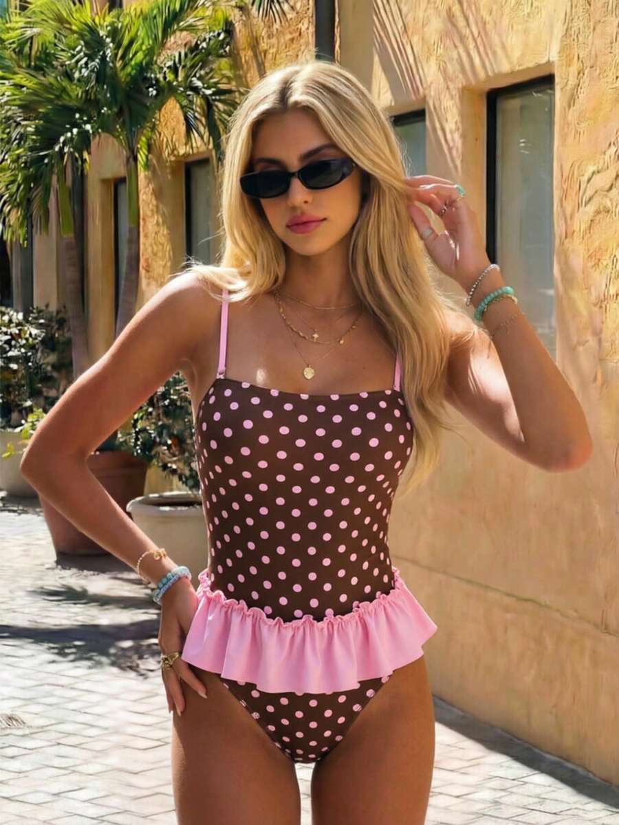Swim Mod Summer Women's One-Piece Brown Polka Dot Print Splicing Pink Ruffle Detachable Strap Swimsuit For Beach - Multicolor - View 1