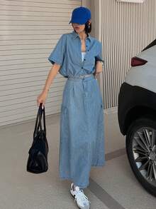 DAZY 女款休閒寬鬆素色短袖上衣與直筒長裙牛仔套裝，適合夏季度假 - 中等水洗藍 - 查看 2