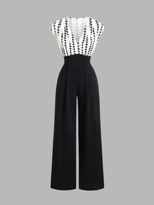 Sweetra Women's Elegant Commuter Day Party Asymmetric Polka Dot V-Neck Pleated Waist Sleeveless Top And Wide Leg Jumpsuit, White With Black Polka Dots, Spring - Black and White - View 1