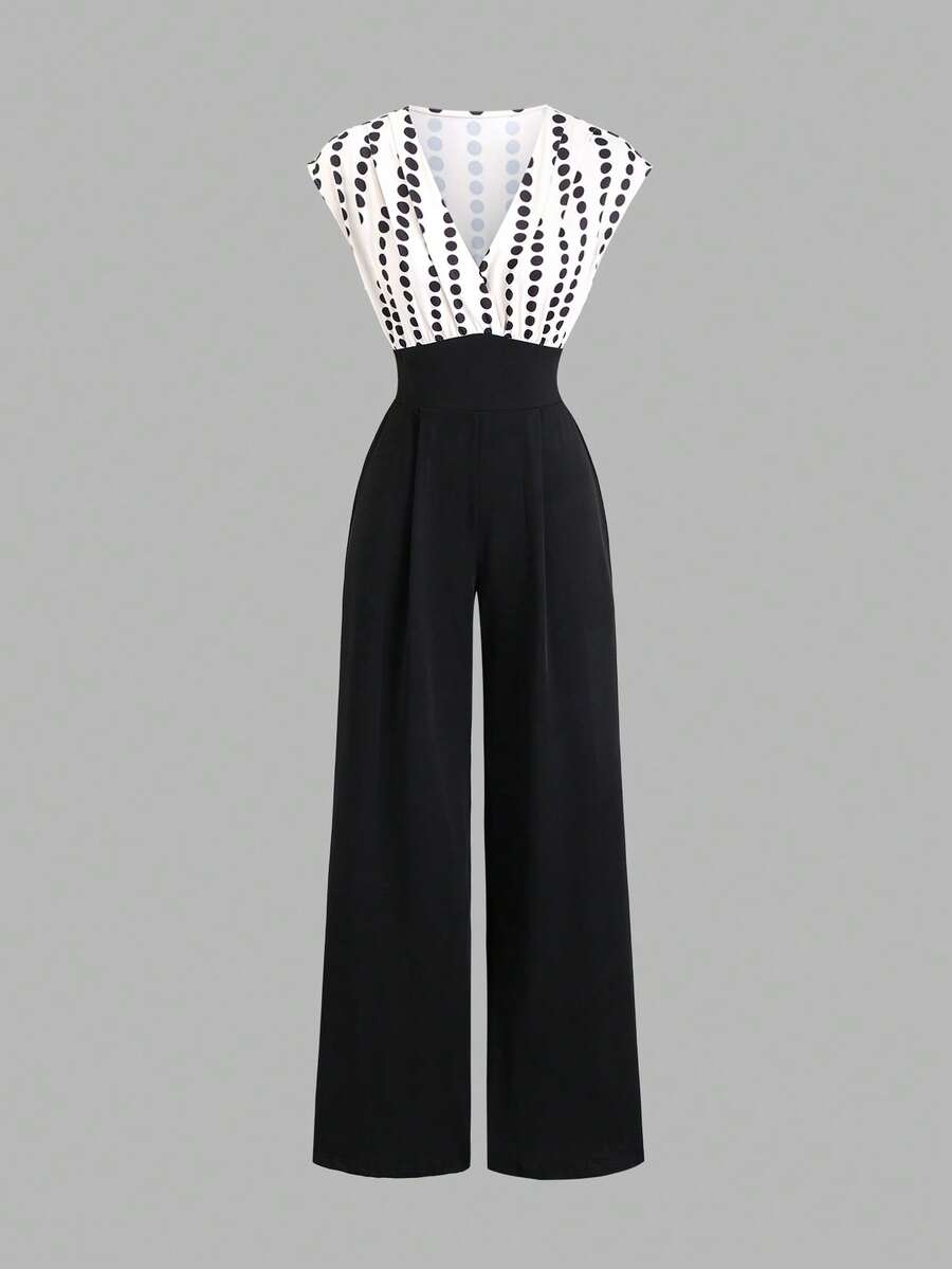 Sweetra Women's Elegant Commuter Day Party Asymmetric Polka Dot V-Neck Pleated Waist Sleeveless Top And Wide Leg Jumpsuit, White With Black Polka Dots, Spring - Black and White - View 1