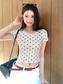 DAZY 女款花卉印花短袖T恤，清新韓風，少女感夏季 - 杏色 - 查看 3