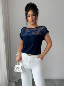 Balvessa Blus Lengan Pendek Wanita Musim Panas Terbaru, Elegan, untuk Liburan & Kantor, dengan Aplikasi Patchwork Jala - Navy Blue - View 4