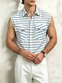 Airaco Men's Summer Casual Linen-Like Sleeveless Shirt - Blue - View 5