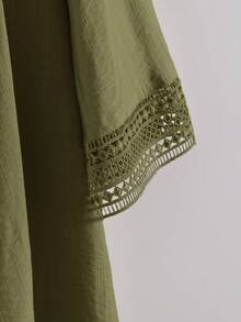 Rusticease Cárdigan de talla grande para mujer con parches de encaje de unicolor minimalista y apertura delantera - Verde militar - Ver 4