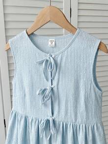 SHEIN Áo kiểu nữ tuổi teen có họa tiết, thắt nơ phía trước, thích hợp mặc hàng ngày hoặc đi nghỉ mát. - Màu xanh lam - Xem 3
