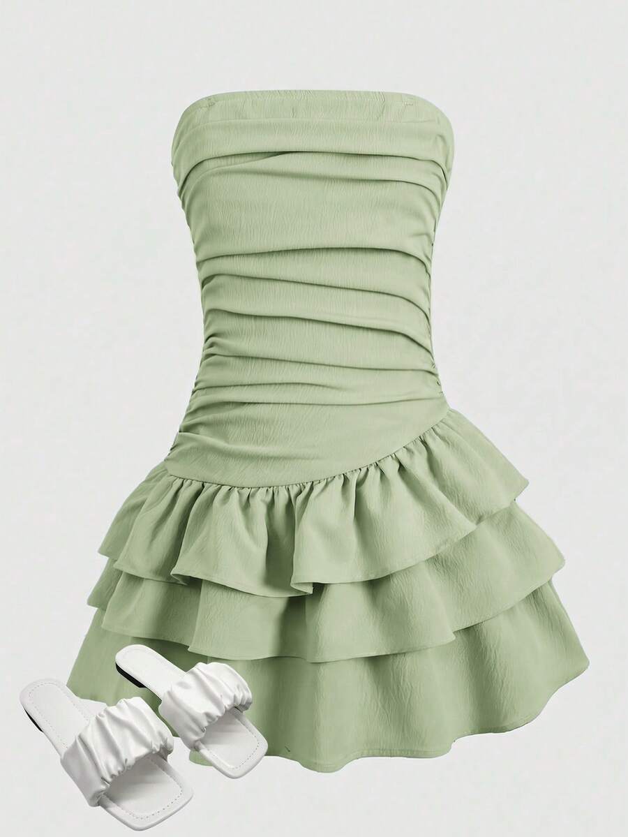 SHEIN Girlism Tween Girl/Tween Girls' Summer Casual Vacation Minimalist Comfortable Layered Ruffle Trim Tube Top Dress - Green - View 1