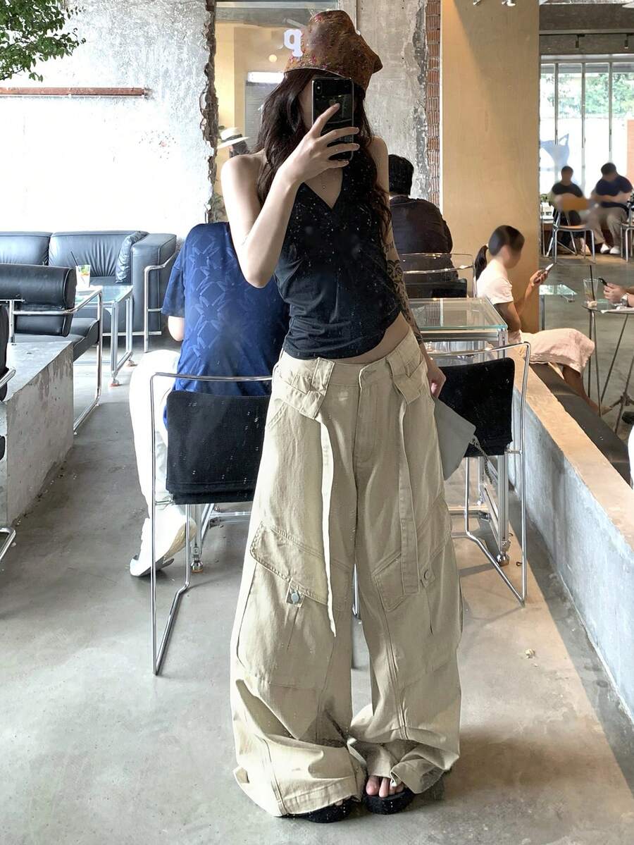 DAZY Women's Fashionable Solid Color Casual Loose Wide-Leg Jeans Cute Tops - Khaki - View 1