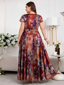 Reflora Plus Size Women's Elegant Floral Print Dress, Summer Wedding Guest Dress - Burgundy - View 2