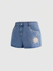 ROMWE Hippie Vintage Sun, Moon & Star Embroidery Pattern Skinny Plus Size Denim Shorts - Baby Blue - View 6