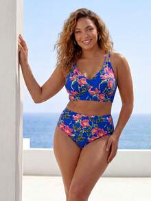 ELLERISSA Plus Size Blue Floral Print High Waist Cross Strap Back Bikini Set - Blue - View 3