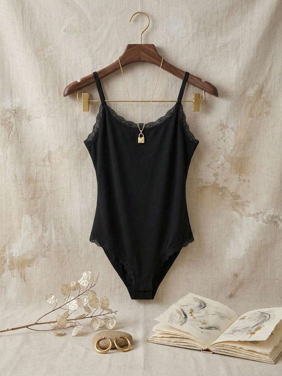 SHEIN Tall Áo liền thân hai dây viền ren dành cho nữ - màu đen - Xem 1