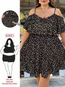 SHEIN CURVE+ 适合大码身材（美国尺码22）的音乐节、海滨度假、波西米亚风女式碎花露肩荷叶边连衣裙、沙滩裙、波西米亚风假日装扮，适合大码身材的夏季服装 - 黑色 - 查看 1