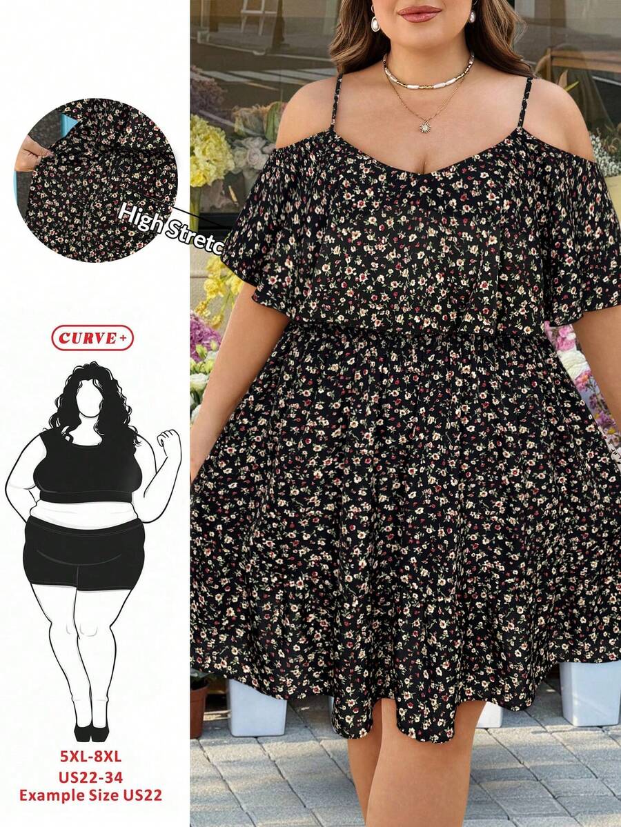 SHEIN CURVE+ 适合大码身材(美国尺码22)的音乐节、海滨度假、波西米亚风女式碎花露肩荷叶边连衣裙、沙滩裙、波西米亚风假日装扮,适合大码身材的夏季服装 - 黑色 - 查看 1