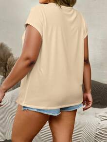 EMERY ROSE Apricot Solid V-Neck Short Sleeve Plus Size T-Shirt, Batwing Sleeve Design - Multicolor - View 2
