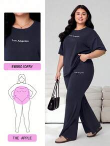 Solflare 2pcs/Set Plus Size Women's Casual Letter Print Round Neck Short Sleeve T-Shirt And Loose Pants, Spring/Summer - Navy Blue - View 1