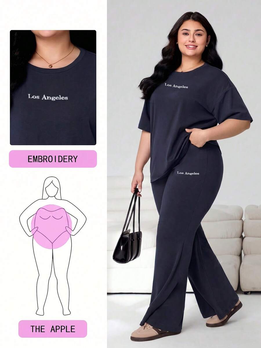 Solflare 2pcs/Set Plus Size Women's Casual Letter Print Round Neck Short Sleeve T-Shirt And Loose Pants, Spring/Summer - Navy Blue - View 1