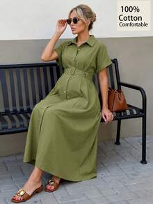 MaterniWear 孕妇休闲纯色单排扣腰带连衣裙 - 綠色 - 查看 2