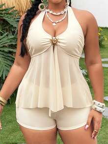 Bellisia Bộ đồ bơi tankini nữ size lớn với áo cổ yếm trang trí kim loại và quần short, phù hợp cho kỳ nghỉ hè và đi biển - Màu be - Xem 5