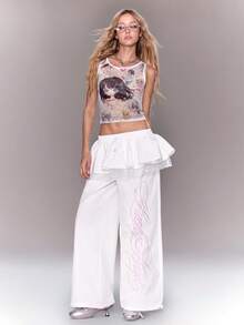 ROMWE Anime Women's Y2K 90s Inspired Streetwear Aesthetic Cute Doll Sheer Tank Top Going Out Night Out Beige Summer - White - View 7