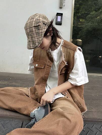 DAZY Bộ đồ hai mảnh gồm áo gile denim bạc màu kiểu Hàn Quốc dành cho nữ và quần jeans ống rộng thoải mái.