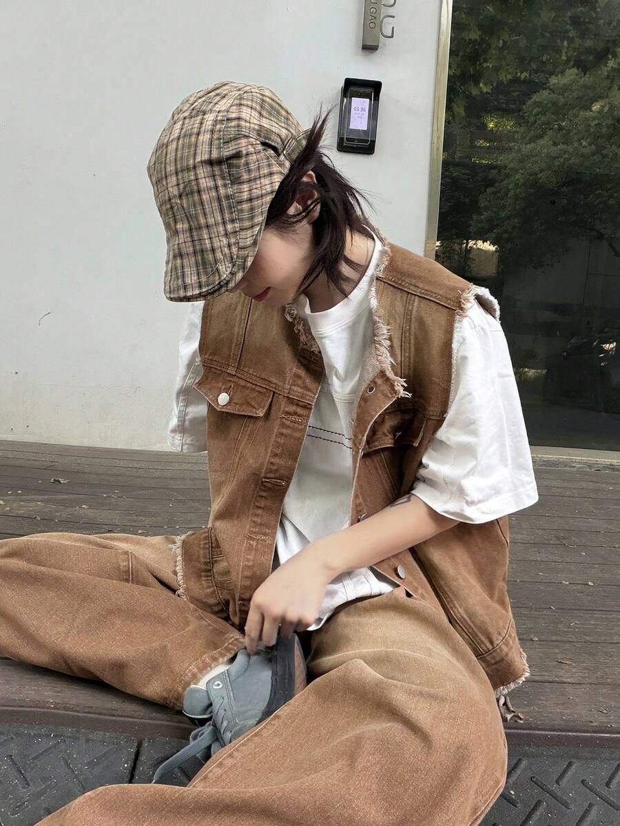 DAZY Bộ đồ hai mảnh gồm áo gile denim bạc màu kiểu Hàn Quốc dành cho nữ và quần jeans ống rộng thoải mái. - Màu xanh lam - Xem 1