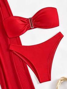 Bonvoyette Women's Summer Vacation Beach Ruched Bandeau Bikini Set And Pants - Red - View 3