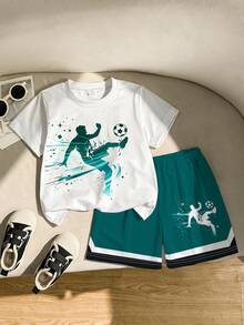 Boys' Summer Sports Set,White Casual Graphic Football Player Print T-Shirt & Shorts 2pcs,Toddler Vacation Training Outfit,Children Round Neck Jersey - Multicolor - View 6