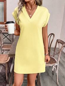 EMERY ROSE Women's Textured Solid Color V-Neck Vacation Dress - Apricot - View 5
