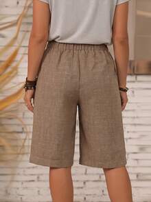 Balvessa Quần Bermuda ống rộng dáng suông 5 phút, chất liệu cotton lanh, cạp chun, thiết kế cài nút bên hông, kiểu dáng thường ngày thoải mái. - Màu Khaki - Xem 2