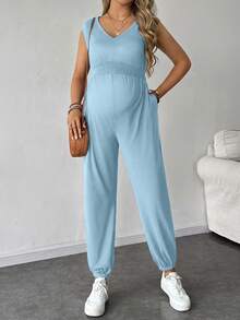 SHEIN Pregnant Women's Solid Color V-Neck Sleeveless Casual Jumpsuit, Summer - Baby Blue - View 4