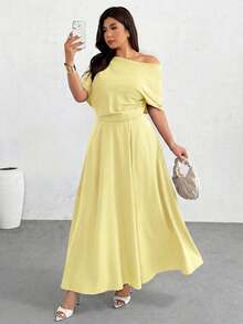 Firerie Plus Size Women's Summer Casual Everyday Commute Vacation Style Solid Color Asymmetric Neck Cinched Waist Dress - Light Yellow - View 1