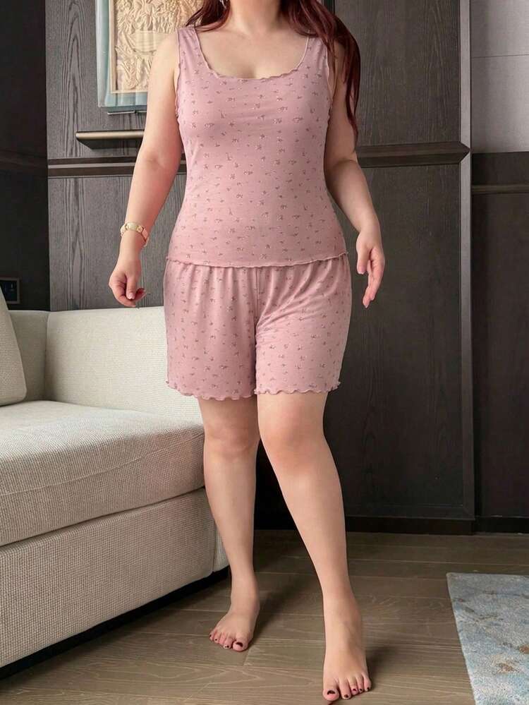 Dazy Plus Comfortable Small Ditsy Floral Knit Sleeveless Tank Top And Shorts 2-Piece Pajama Set, Plus Size, Spring/Summer
