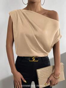 EMERY ROSE Solid Asymmetrical Neck Satin Blouse One Shoulder Top - Champagne - View 3