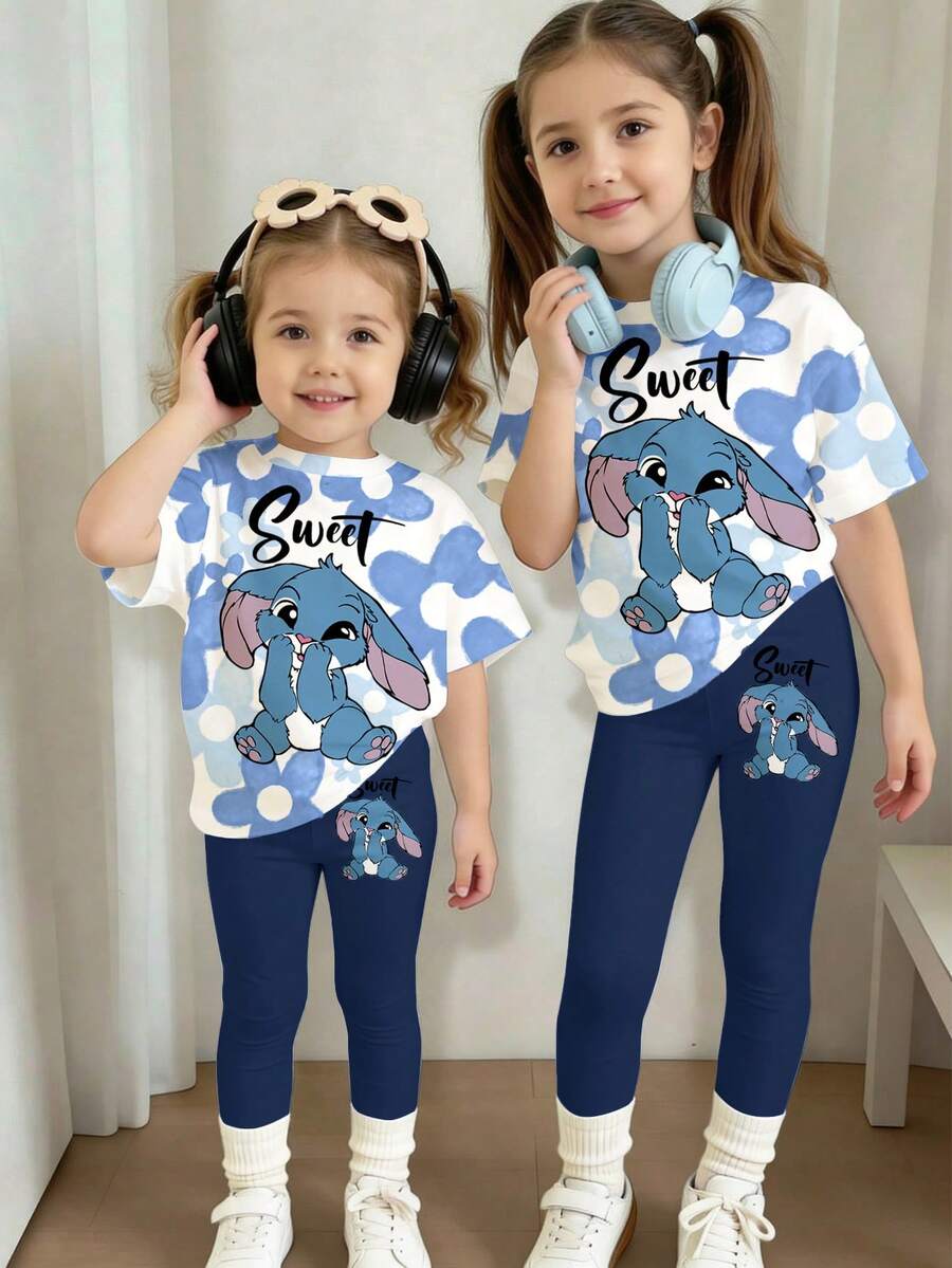 Baby Girl Summer Navy And White T-Shirt And Leggings Set,Cute Kawaii Cartoon Rabbit Lulu & Stitch Pattern,Gradient Floral Round Neck Casual Outfits - White - View 1