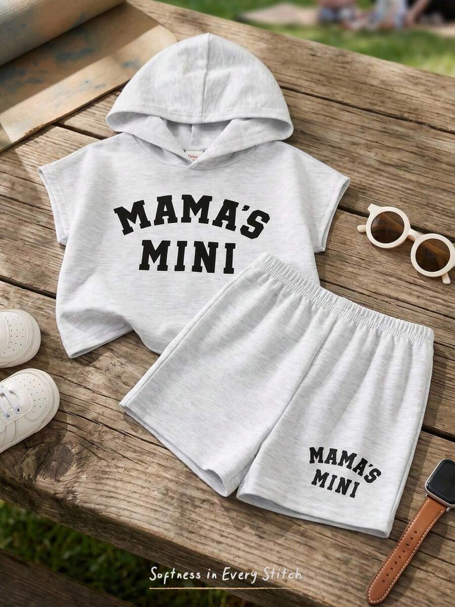 SHEIN Bộ 2 món cho bé trai gồm áo không tay có mũ và quần short cạp chun, chất liệu mềm mại, in chữ. - Màu Xám nhạt - Xem 1