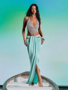 Barévion Women's Solid Color Fashionable Design Long Skirt, Beach Dusty Blue Sexy - Cadet Blue - View 7