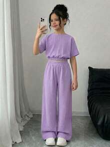 Firerie Kids Setelan 2 Potong untuk Liburan Kasual dan Modis Anak Perempuan Remaja: Atasan Lengan Pendek Longgar Leher Bulat Warna Polos + Celana Panjang - Mauve Purple - View 6