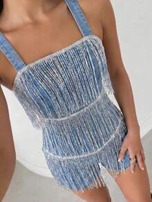 SHEIN Glamour Bộ áo liền quần denim dài, bóng bẩy, có tua rua, kiểu dáng thời trang dành cho nữ, thích hợp cho mùa hè. - Màu xanh lam - Xem 6