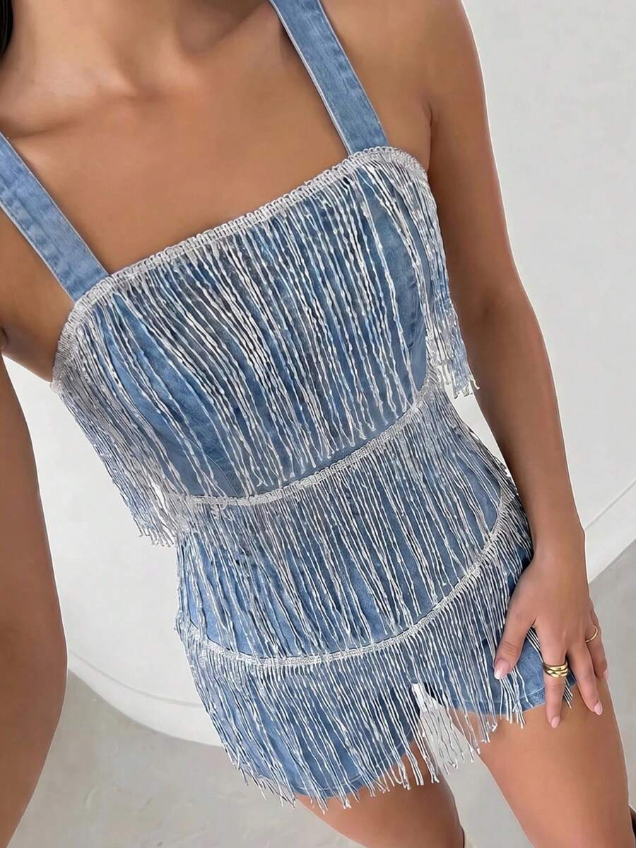 SHEIN Glamour Women's Fashionable Shiny Long Tassel Spaghetti Strap Denim Romper, Summer - Blue - View 1
