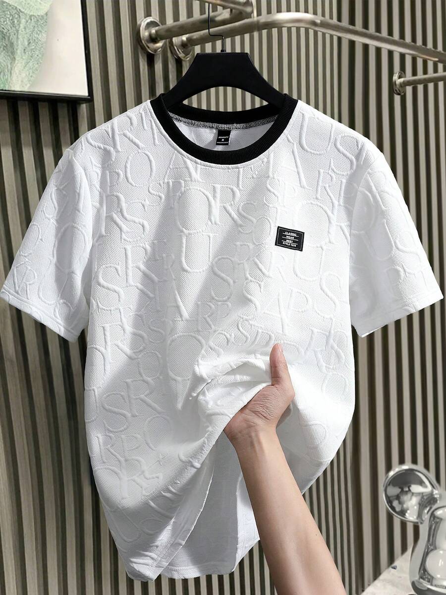 Manfinity Homme Áo thun nam tay ngắn cỡ lớn, thiết kế dệt kim chữ jacquard, thời trang đa năng, dễ mặc. - Nhiều màu - Xem 1