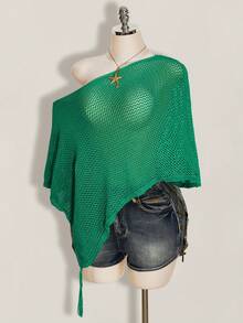 SHEIN ICON Plus Size Women's Green Autumn Boho Sexy Vacation Holiday Retro Y2K Off-Shoulder Tassel Loose Shawl Sweater Top,Millennial Style Urban Modern Beach - Green - View 3