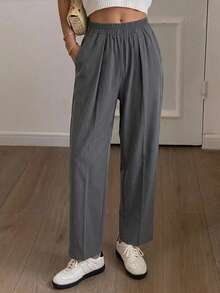 DAZY Business Casual Regular Waist Elastic Waist Plain Trousers - Dark Grey - View 10