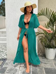 Breezaya Damen einfarbiger Kimono mit Fledermausärmeln, locker geschnitten, lang - Taubenblau - Übersicht 3