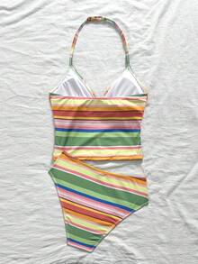 SHEIN Teen Girl Patchwork Halter Ruched Tankini And Triangle Tankini Bottom 2-Piece Swimwear Set, Suitable For Summer Vacation And Beach - Multicolor - View 2