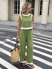 Serisse Women's Summer Casual Vacation & Commute Contrast Trim Cropped Tank Top And Wide Leg Pants 2 Pieces Set - Green - View 6